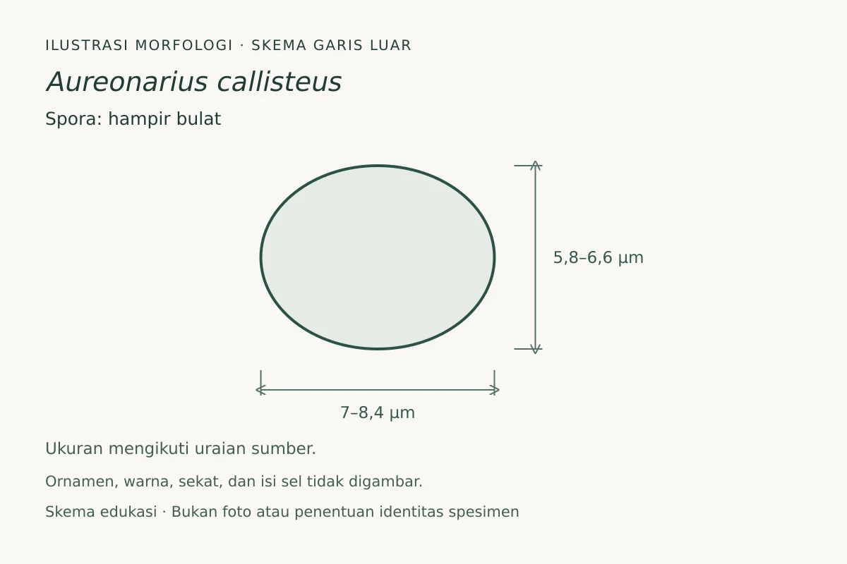 Skema garis luar spora Aureonarius callisteus: hampir bulat, ukuran 7–8,4 × 5,8–6,6 µm