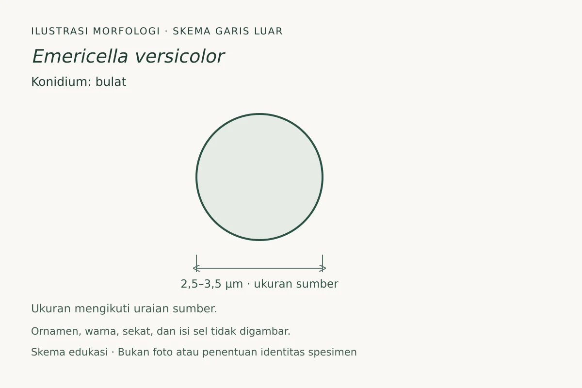 Skema garis luar konidium Emericella versicolor: bulat, ukuran 2,5–3,5 µm
