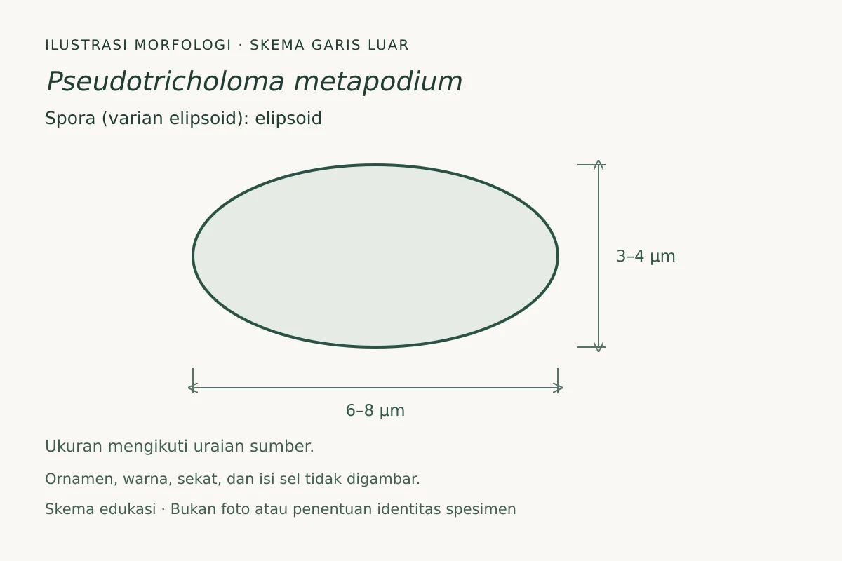 Skema garis luar spora (varian elipsoid) Pseudotricholoma metapodium: elipsoid, ukuran 6–8 × 3–4 µm