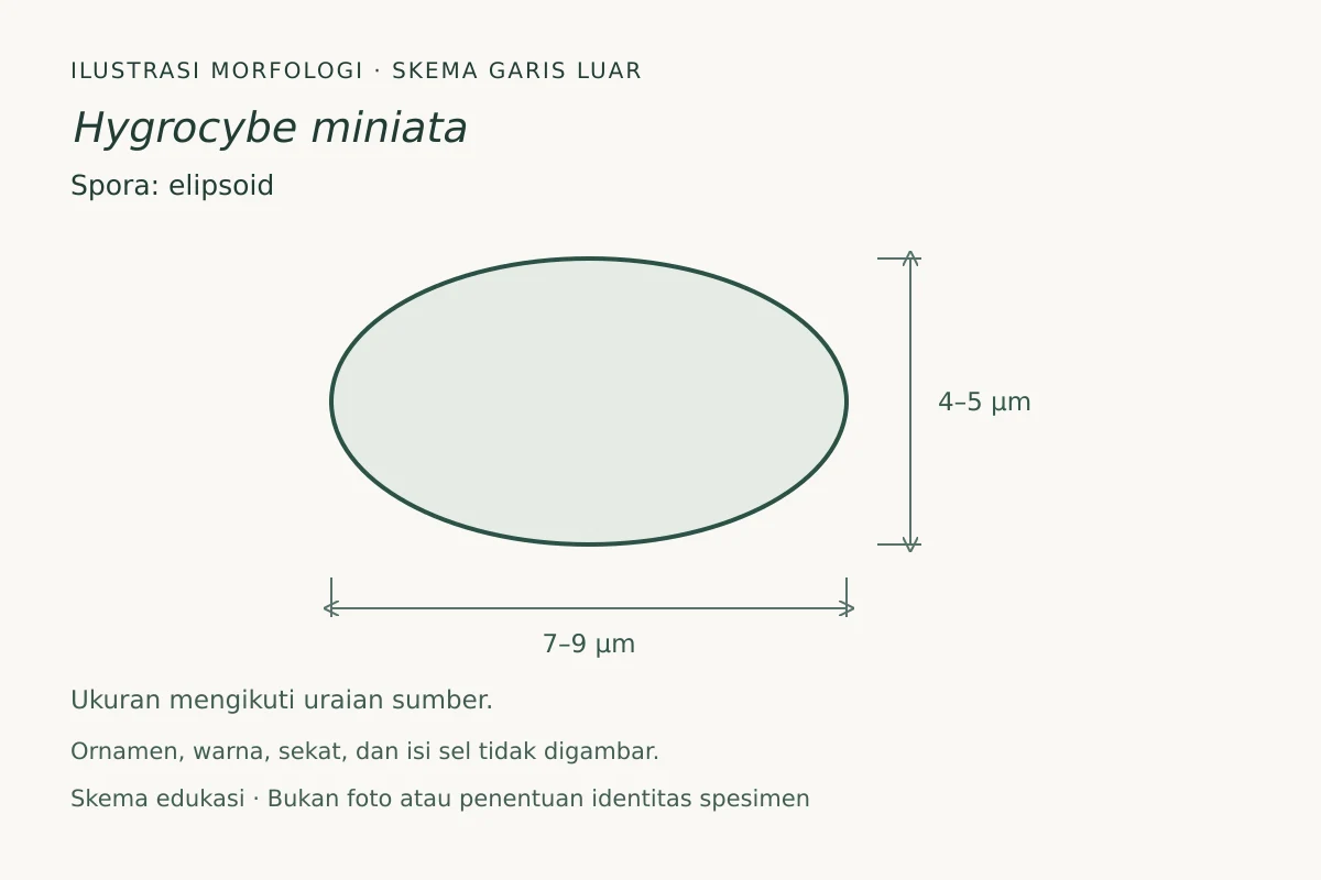 Skema garis luar spora Hygrocybe miniata: elipsoid, ukuran 7–9 × 4–5 µm